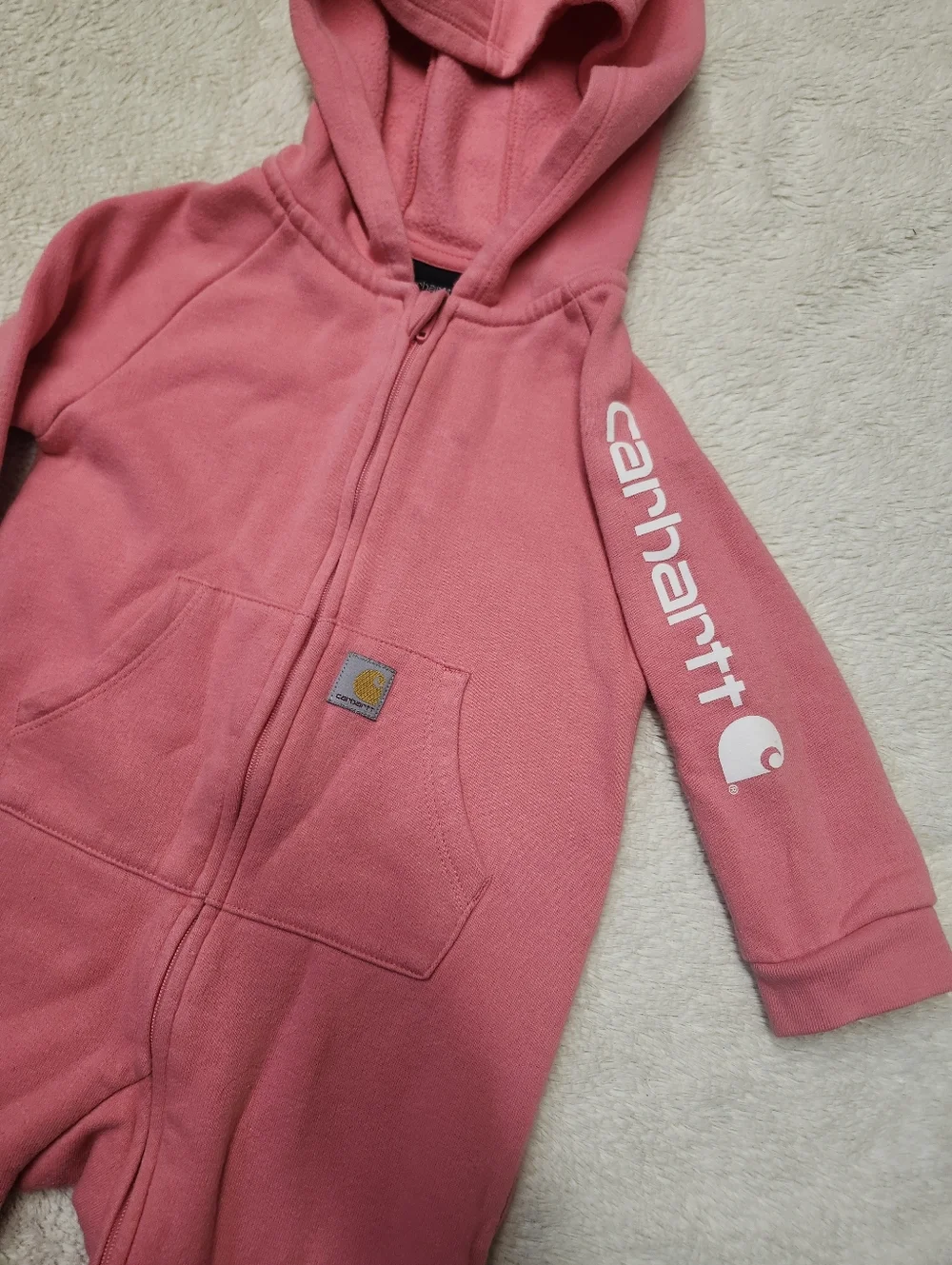 ☆ Carhartt Girl's Infant Hooded Zip Up Bodysuit Coverall Size 12 Months Pink - Picture 2 of 10